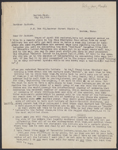 Sacco-Vanzetti Case Records, 1920-1928. Correspondence. Gardner Jackson to Maude Pettyjohn, May 1929. Box 41, Folder 59, Harvard Law School Library, Historical & Special Collections