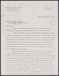 Sacco-Vanzetti Case Records, 1920-1928. Correspondence. William G. Thompson to Charles B. Rogers (photocopy), November 19, 1926. Box 41, Folder 65, Harvard Law School Library, Historical & Special Collections