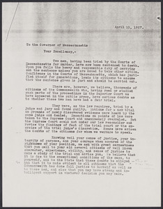 Sacco-Vanzetti Case Records, 1920-1928. Correspondence. Photocopies from Boston Athenaeum: E.M. Morgan to Charles P. Curtis, 1948. Vanzetti letter from prison, 1927. Vanzetti letter to Bigelow, 1927. Unsigned letter to Governor Fuller, April 11, 1927. Box 41, Folder 69, Harvard Law School Library, Historical & Special Collections