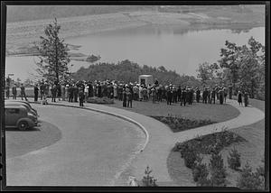 Winsor Memorial during dedication ceremony, crowd looking on, Administration Road, overlooking Winsor Dam, Quabbin Reservoir, Mass., June 17, 1941