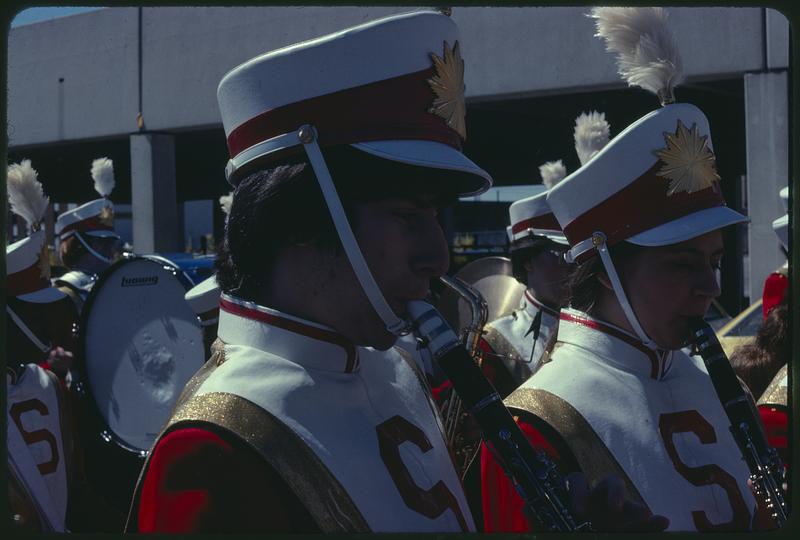 Marching band at reenactment of Paul Revere's ride, Somerville
