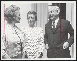 Former Secretary Speaks-- Former U.S. Secretary of State Dean Acheson before addressing students and faculty of Wellesley College. Left is Mrs. Acheson and center is Miss Ruth M. Adams, president of Wellesley.