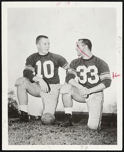 This Eli Duo can move the ball on land through thhe air. On left is quarterback Tom Singleton, Yale's leading passer and on right is Lou Muller, hard-running fullback. They hope to give Harvard a busy day.