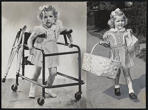 Polio "Poster Girl" this year is 4-year-old Nancy Drury, who was selected from hundreds of children who have recovered from infantile paralysis. Treatment such as the Louisville, Ky., youngster is shown having at left restored her health.