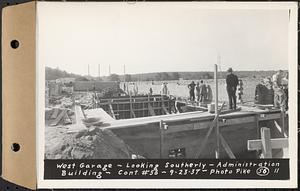 Contract No. 56, Administration Buildings, Main Dam, Belchertown, west garage, looking southerly, Belchertown, Mass., Sep. 23, 1937