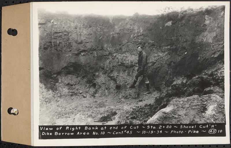 Contract No. 45, Exploration by Shovel Cuts of Borrow Areas for Main Dam and Dike, Belchertown, Enfield, Ware, view of right bank at end of cut, Sta. 2+20, shovel cut "H", dike borrow area no. 10, Belchertown, Mass., Oct. 19, 1934