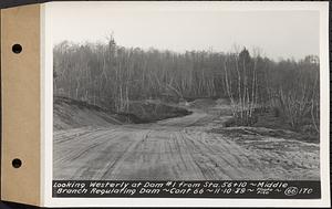 Contract No. 66, Regulating Dams, Middle Branch (New Salem), and East Branch of the Swift River, Hardwick and Petersham (formerly Dana), looking westerly at dam 1 from Sta. 56+10, middle branch regulating dam, Hardwick, Mass., Nov. 10, 1939