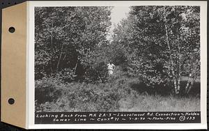 Contract No. 71, WPA Sewer Construction, Holden, looking back from manhole 2A-3, Laurelwood Road Connection, Holden Sewer Line, Holden, Mass., Jul. 9, 1940