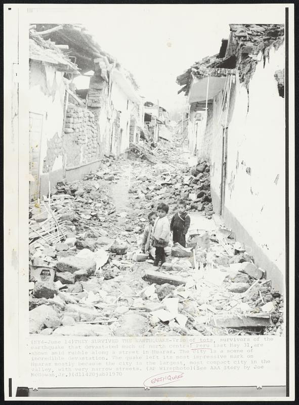 They Survived The Earthquake -- Trio of tots, survivors of the earthquake that devastated much of north central Peru last May 31, are shown amid rubble along a street in Huaraz. The city is a scene of incredible devastation. The quake left its most impressive mark on Huaraz mostly because the city is the largest, most compact city in the valley, with very narrow streets.