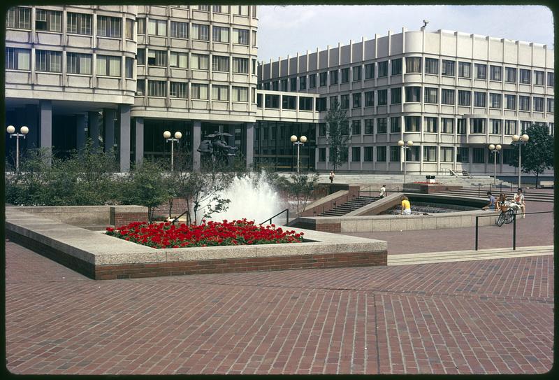 Fountain, Boston City Hall Plaza, flowers in the foreground