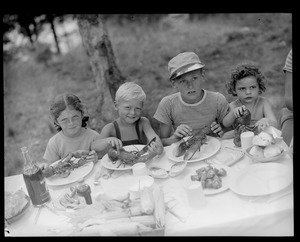 Kids at clam bake presided over by Alfred Keith, Little Sandy Pond, Bryantville section of Pembroke