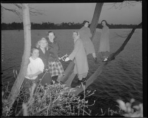 Women pose on tree over water