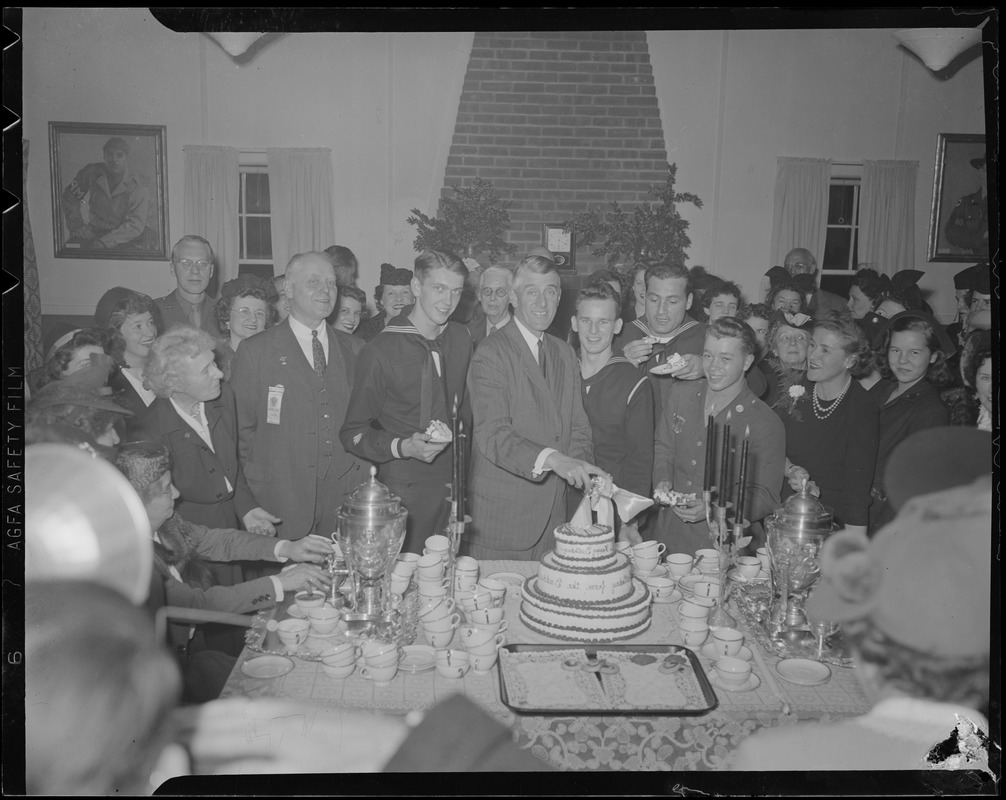 Gov. Saltonstall - Governor cutting birthday cake at Bay State Club on Common