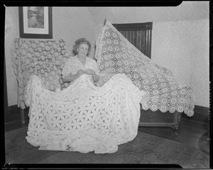 Mrs. Safford White of Melvin St., Somerville making a Queen Anne tablecloth (17x17) (left). Right - Wheel tablecloth (15x17). Foreground - finishing a Popcorn bedspread of 723 wheels made in less than a year.
