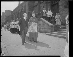 Archbishop Cushing outside Cathedral of the Holy Cross