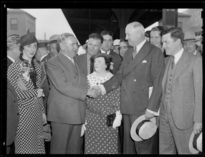 Gov. Curley with daughter Mary greets Farley at station