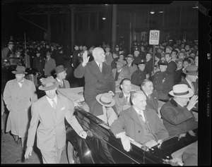 Truman campaigning in Boston riding in open car with J. W. McCormack, Gov. Dever & Mayor Curley