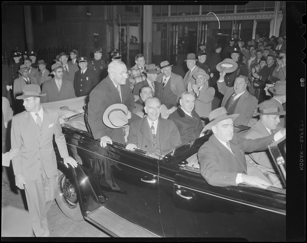 Truman campaigning in Boston riding in open car with J. W. McCormack, Gov. Dever & Mayor Curley