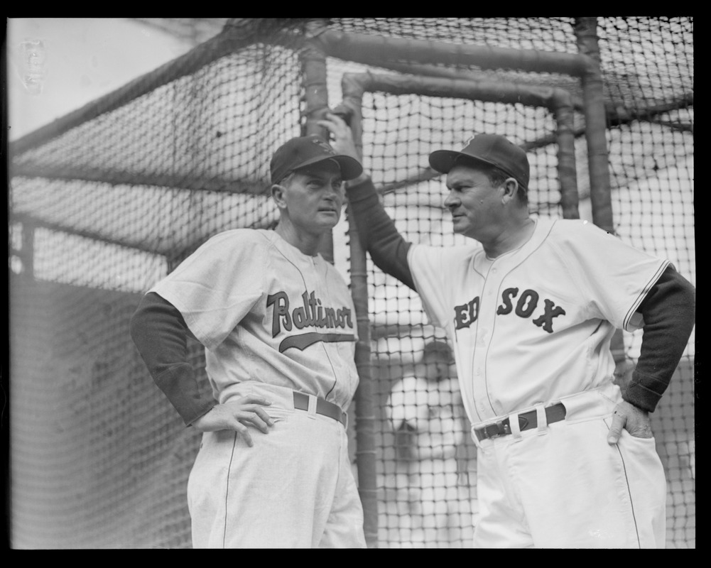 Opening Day at Fenway: Manager Mike "Pinky" Higgins with Baltimore manager, maybe Paul Richards