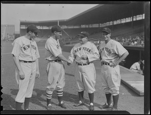 Red Sox player shakes hands with Yankee manager McCarthy while Joltin' Joe and the Iron Horse look on