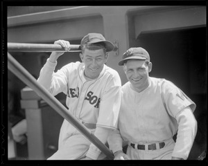 Red Sox player with Washington Senator, in dugout