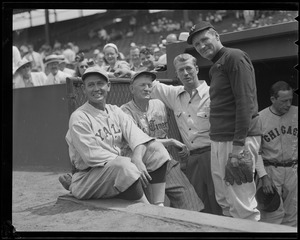 All-time pitching greats at Old-Timers' Game at Fenway. L-R: Joe Wood, Cy Young, Lefty Grove and Walter Johnson