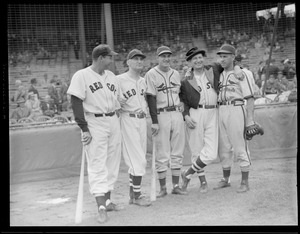 Red Sox and Cardinals with baseball clown, Al Schact, 1946 World Series