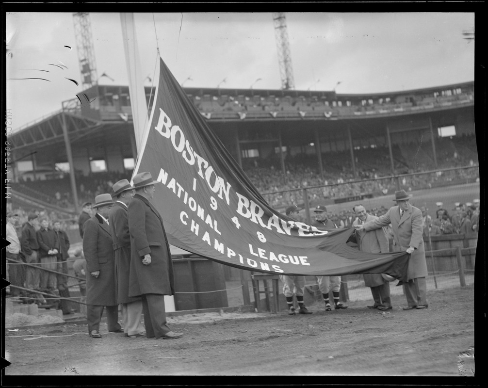 Raising the Braves National League pennant at Braves Field