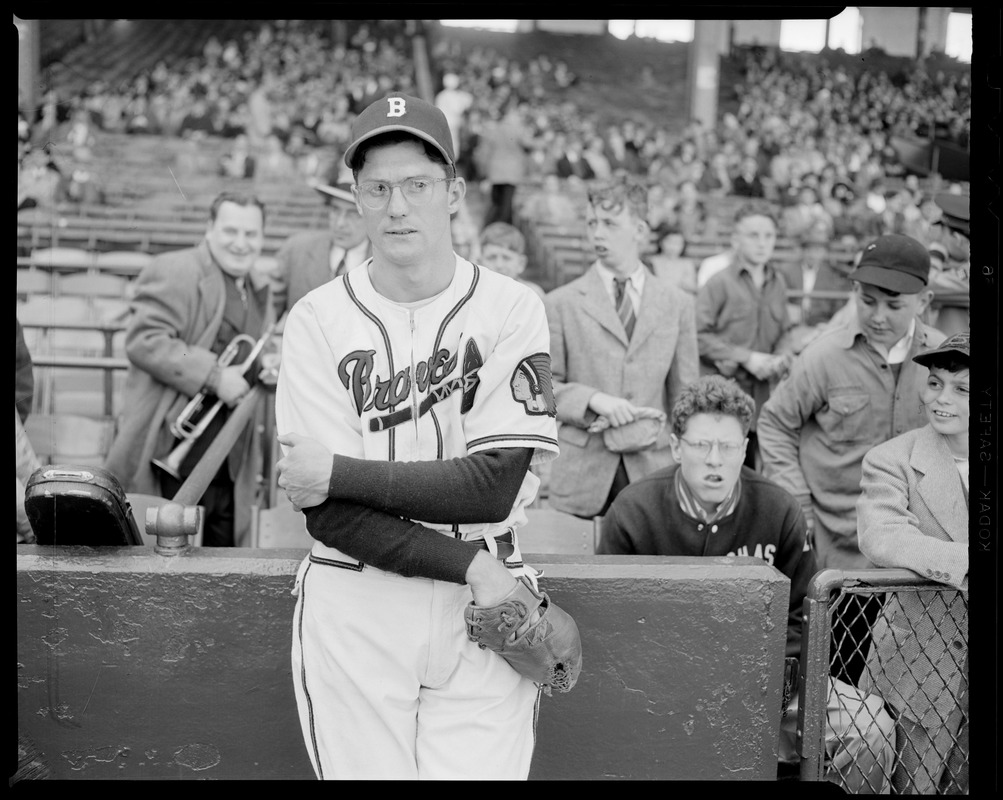 Earl Torgeson of the Braves poses in front of stands at Braves Field