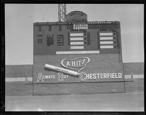Scoreboard for game between the Red Sox and Braves, Braves Field