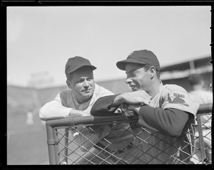 Jimmy Foxx of the Red Sox with Joe DiMaggio of the Yankees