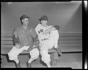 Bobby Doerr in dugout with Red Sox pitcher