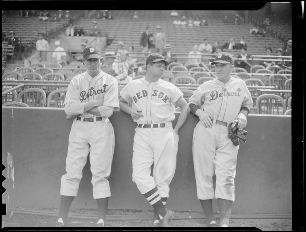 Sox/Tigers - Jimmy Foxx (c) Elder Auker (L), Al Simmons (R) at Fenway ...