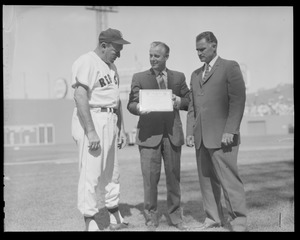 Red Sox honored at Fenway. Joe Cronin (head of American League), Bobby Doerr (ex 2nd base), Curt Gowdy (announcer), W. C. Bouquette (no hitter), Robert Earl Wilson (no hitter), Rudy York (1st base coach).