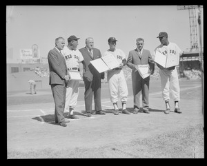 Red Sox honored at Fenway. Joe Cronin (head of American League), Bobby Doerr (ex 2nd base), Curt Gowdy (announcer), W. C. Bouquette (no hitter), Robert Earl Wilson (no hitter), Rudy York (1st base coach).