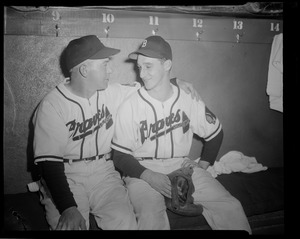 Boston Braves - manager Billy Southworth on left, Warren Spahn on right