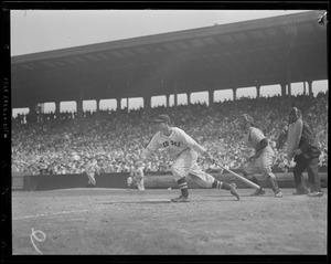 Bobby Doerr puts the ball in play at Fenway versus Detroit