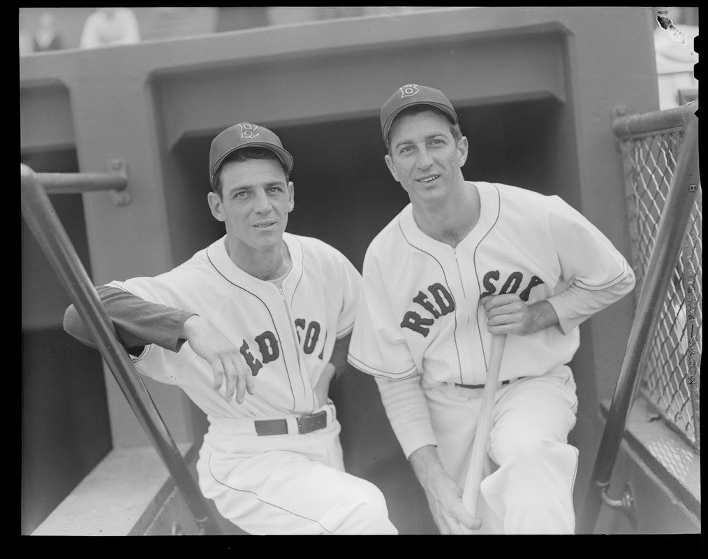 Two Red Sox players on dugout steps - Digital Commonwealth