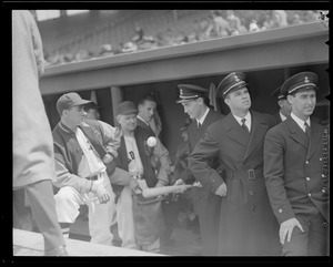 Ted Williams and Johnny Sain in military uniform in Fenway dugout, Red Sox - Yankees game