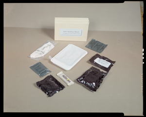 Food lab, exposed contents of SHIMM tray (heater & water pouch)