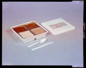 Thermally processed meal tray: chili, rice, applesauce