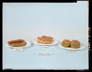 Individual serving, salsbury steak with gravy, lasagna, stuffed green peppers