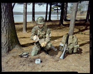 G.I. in new helmet eating thermo processed food, command briefing, Goff