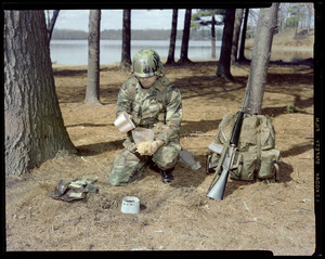 G.I. in new helmet eating thermo processed food, command briefing, Goff