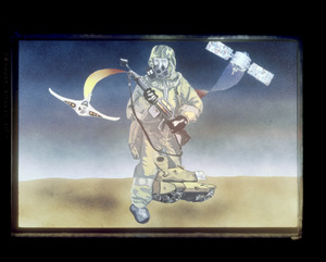 Illustration of person in environmental protective suit with gun, tank, aircraft and satellite