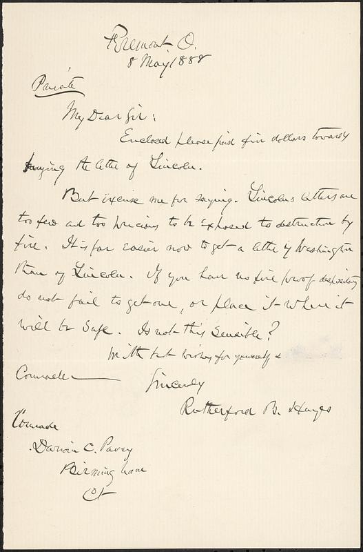 Letter from Rutherford B. Hayes, Fremont O., to Darwin C. Pavey, Birmingham, Ct., 1888 May 8