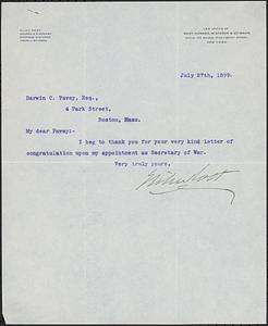 Letter from Elihu Root, New York, to Darwin C. Pavey, Boston, Mass., 1899 July 27