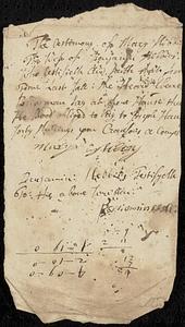 The testimony of Mary Stebbins the wife of Benjamin Stebbins who testifieth did saith that some time last fall he heard Ebenezer Bridgman say at there house that he stood obliged to pay to Joseph Hawley forty shillings...