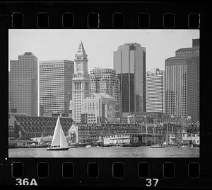 Customs House & sailboats from East Boston, downtown Boston