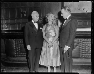 Chairman Reuben B. Gryzmish, actress Helen Hayes, and 1954 March of Dimes campaign director James M. Connolly at the Hotel Somerset for a March of Dimes dinner